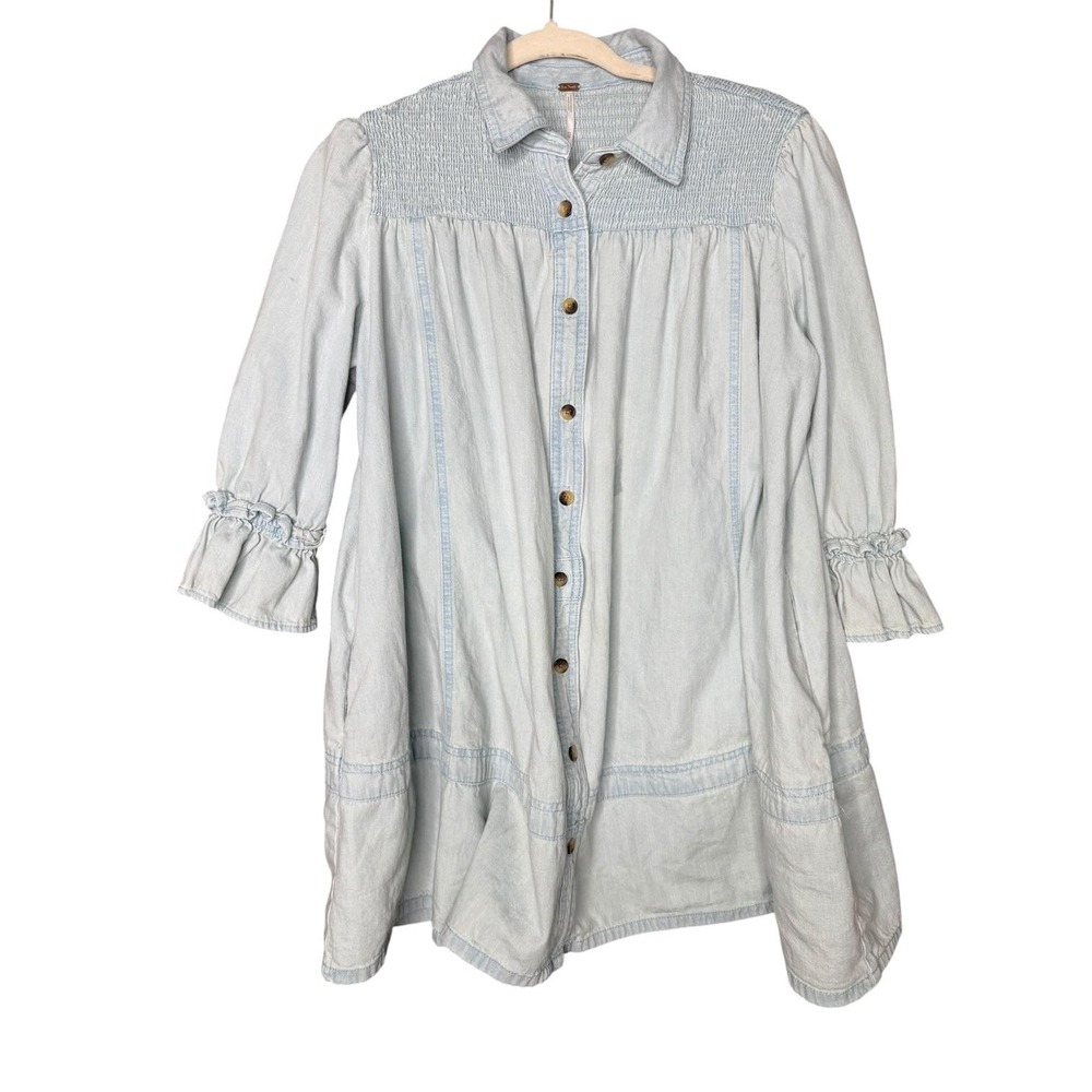 Free People Dress Womens XS Blue Denim Ruffle Sleeve Button Front Shirt Trapeze
